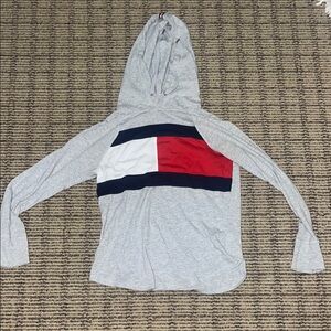 Tommy Hilfiger Light Gray Hoodie with Red, White, and Blue Block